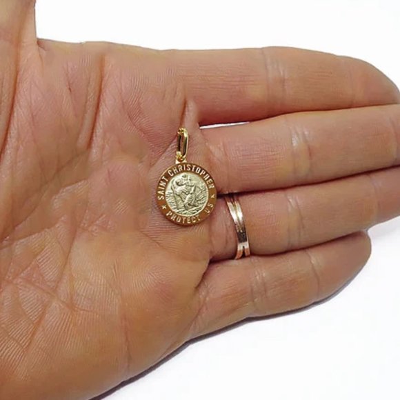 Solid Gold St Christopher Coin Charm Pendant Necklace Stamped 10K ITALY, 18 inch - Picture 2 of 5
